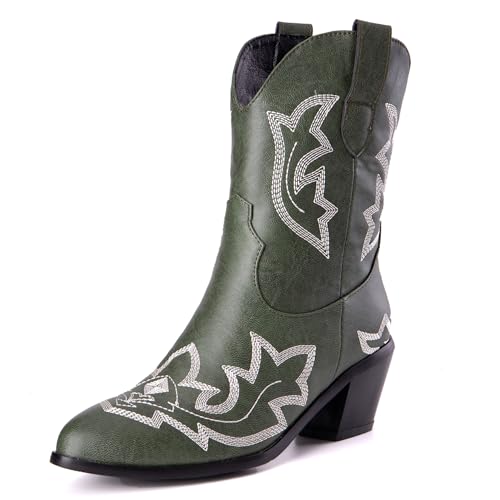 LarDorLin Damen Halbschaft Bestickt Western Cowboystiefel Pointed Toe Komfort Winter Warm Blockabsatz Vintage Stiefeletten Grün Gr 33 EU LarDorLin Damen Halbschaft Bestickt Western Cowboystiefel Pointed Toe Komfort Winter Warm Blockabsatz Vintage Stiefeletten Grün Gr 33 EU von LarDorLin