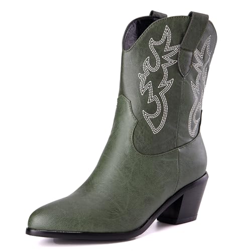 LarDorLin Damen Halbschaft Bestickt Western Cowboystiefel Pointed Toe Komfort Winter Warm Blockabsatz Vintage Stiefeletten Grün Gr 34 EU von LarDorLin