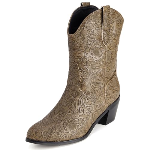 LarDorLin Damen Halbschaft Bestickt Western Cowboystiefel Pointed Toe Komfort Winter Warm Blockabsatz Vintage Stiefeletten Khaki Gr 40.5 EU (42 Cn) von LarDorLin