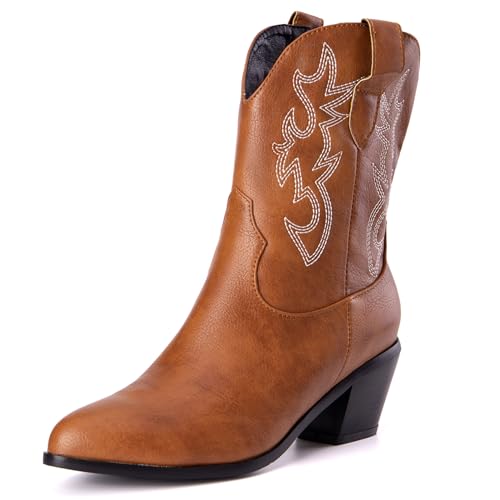 LarDorLin Damen Halbschaft Bestickt Western Cowboystiefel Pointed Toe Komfort Winter Warm Blockabsatz Vintage Stiefeletten Light-Braun Gr 43 EU (45 Cn) von LarDorLin