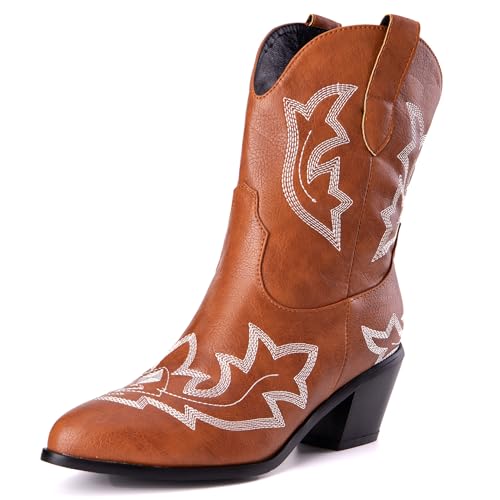 LarDorLin Damen Halbschaft Bestickt Western Cowboystiefel Pointed Toe Komfort Winter Warm Blockabsatz Vintage Stiefeletten Light-Braun Gr 47 EU (49 Cn) von LarDorLin