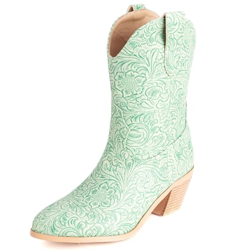 LarDorLin Damen Halbschaft Bestickt Western Cowboystiefel Pointed Toe Komfort Winter Warm Blockabsatz Vintage Stiefeletten Light-Grün Gr 33 EU von LarDorLin