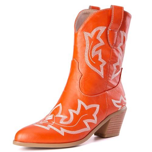 LarDorLin Damen Halbschaft Bestickt Western Cowboystiefel Pointed Toe Komfort Winter Warm Blockabsatz Vintage Stiefeletten Orange Gr 32 EU von LarDorLin