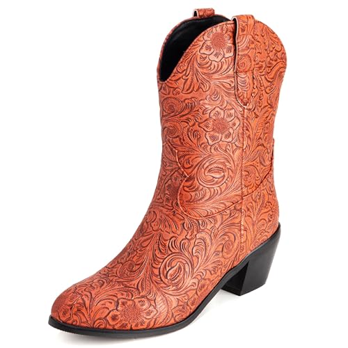 LarDorLin Damen Halbschaft Bestickt Western Cowboystiefel Pointed Toe Komfort Winter Warm Blockabsatz Vintage Stiefeletten Orange Gr 32 EU von LarDorLin
