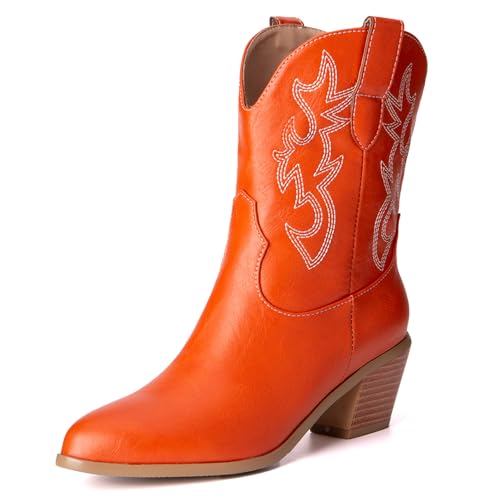 LarDorLin Damen Halbschaft Bestickt Western Cowboystiefel Pointed Toe Komfort Winter Warm Blockabsatz Vintage Stiefeletten Orange Gr 38 EU (39 Cn) von LarDorLin