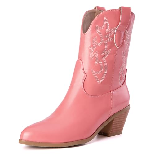 LarDorLin Damen Halbschaft Bestickt Western Cowboystiefel Pointed Toe Komfort Winter Warm Blockabsatz Vintage Stiefeletten Pink Gr 46 EU (48 Cn) von LarDorLin