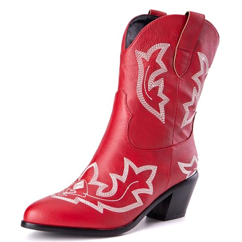 LarDorLin Damen Halbschaft Bestickt Western Cowboystiefel Pointed Toe Komfort Winter Warm Blockabsatz Vintage Stiefeletten Rot Gr 47 EU (49 Cn) von LarDorLin