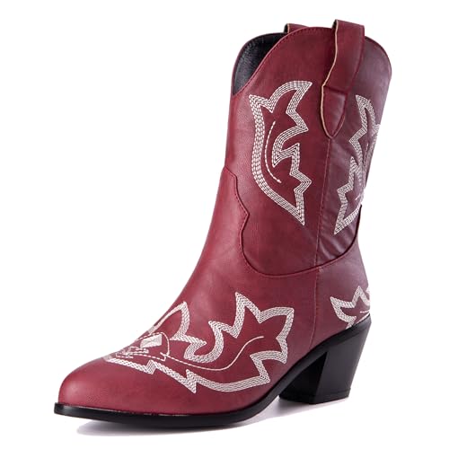 LarDorLin Damen Halbschaft Bestickt Western Cowboystiefel Pointed Toe Komfort Winter Warm Blockabsatz Vintage Stiefeletten Rotwein Gr 38 EU (39 Cn) von LarDorLin