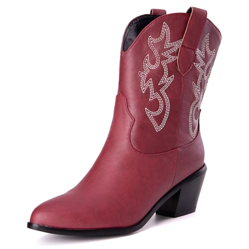 LarDorLin Damen Halbschaft Bestickt Western Cowboystiefel Pointed Toe Komfort Winter Warm Blockabsatz Vintage Stiefeletten Rotwein Gr 50 EU (52 Cn) von LarDorLin