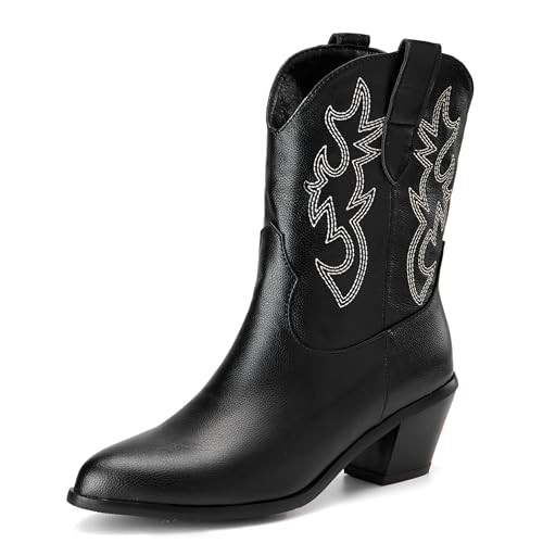 LarDorLin Damen Halbschaft Bestickt Western Cowboystiefel Pointed Toe Komfort Winter Warm Blockabsatz Vintage Stiefeletten Schwarz Gr 36.5 EU (37 Cn) von LarDorLin
