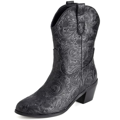 LarDorLin Damen Halbschaft Bestickt Western Cowboystiefel Pointed Toe Komfort Winter Warm Blockabsatz Vintage Stiefeletten Schwarz Gr 37 EU (38 Cn) von LarDorLin