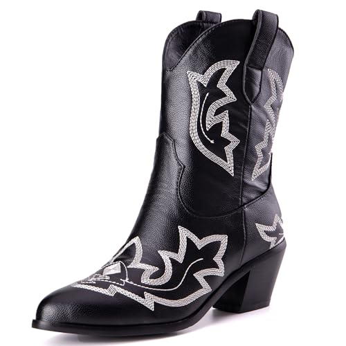 LarDorLin Damen Halbschaft Bestickt Western Cowboystiefel Pointed Toe Komfort Winter Warm Blockabsatz Vintage Stiefeletten Schwarz Gr 52 EU (54 Cn) von LarDorLin