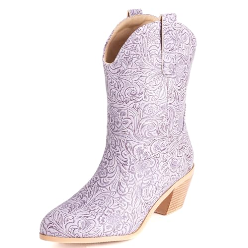 LarDorLin Damen Halbschaft Bestickt Western Cowboystiefel Pointed Toe Komfort Winter Warm Blockabsatz Vintage Stiefeletten Violett Gr 52 EU (54 Cn) von LarDorLin