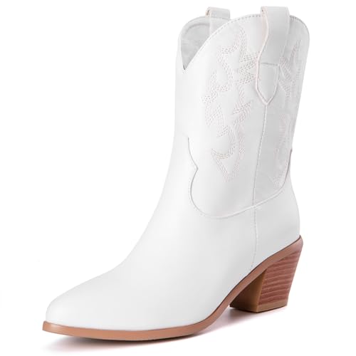 LarDorLin Damen Halbschaft Bestickt Western Cowboystiefel Pointed Toe Komfort Winter Warm Blockabsatz Vintage Stiefeletten Weiß Gr 42 EU (44 Cn) von LarDorLin