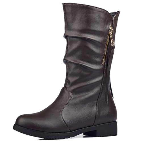 LarDorLin Damen Halbschaft Runde Zehen Komfort Reitstiefel Ohne Verschluss Winter Warm Low Blockabsatz Klassische Half Riding Stiefeletten Braun Gr 32 EU von LarDorLin