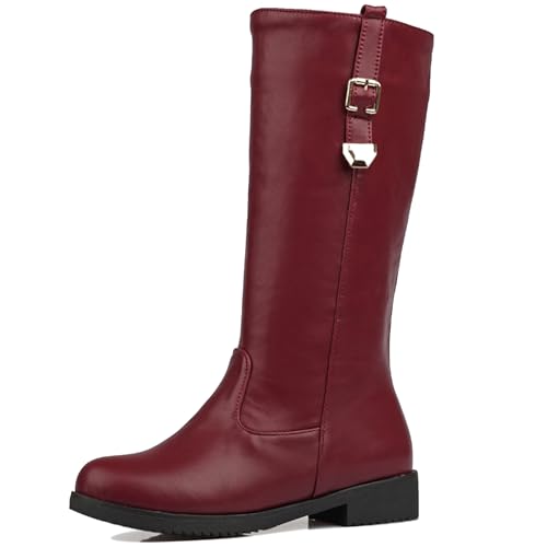 LarDorLin Damen Halbschaft Runde Zehen Komfort Reitstiefel Ohne Verschluss Winter Warm Low Blockabsatz Klassische Half Riding Stiefeletten Rotwein Gr 36.5 EU (37 Cn) von LarDorLin