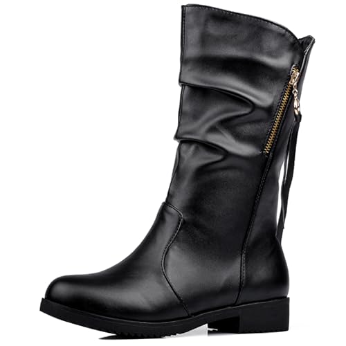 LarDorLin Damen Halbschaft Runde Zehen Komfort Reitstiefel Ohne Verschluss Winter Warm Low Blockabsatz Klassische Half Riding Stiefeletten Schwarz Gr 36.5 EU (37 Cn) von LarDorLin