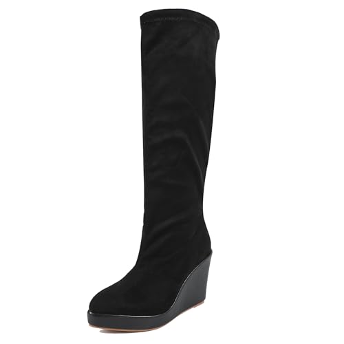 LarDorLin Damen Keilabsatz Knee High Plateau Wildleder Stiefel Komfort Pointed Toe Winter Heel Mode Riding Booty Zip Schwarz Gr 40 EU (41 Cn) von LarDorLin