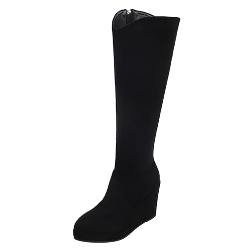 LarDorLin Damen Keilabsatz Knee High Plateau Wildleder Stiefel Komfort Pointed Toe Winter Heel Mode Riding Booty Zip Schwarz Gr 40.5 EU (42 Cn) von LarDorLin