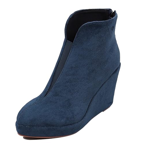 LarDorLin Damen Keilabsatz Winter Plateau Stiefeletten Zip Buro Höhe Ferse Warm Pointed Toe Elegant Stiefeletten Blau Gr 40 EU (41 Cn) von LarDorLin