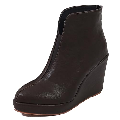 LarDorLin Damen Keilabsatz Winter Plateau Stiefeletten Zip Buro Höhe Ferse Warm Pointed Toe Elegant Stiefeletten Braun Gr 35 EU von LarDorLin