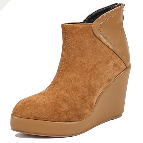 LarDorLin Damen Keilabsatz Winter Plateau Stiefeletten Zip Buro Höhe Ferse Warm Pointed Toe Elegant Stiefeletten Gelb Gr 36 EU von LarDorLin