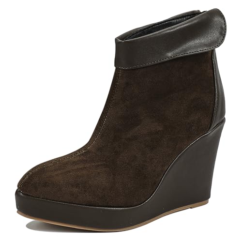 LarDorLin Damen Keilabsatz Winter Plateau Stiefeletten Zip Buro Höhe Ferse Warm Pointed Toe Elegant Stiefeletten Kaffee Gr 40 EU (41 Cn) von LarDorLin