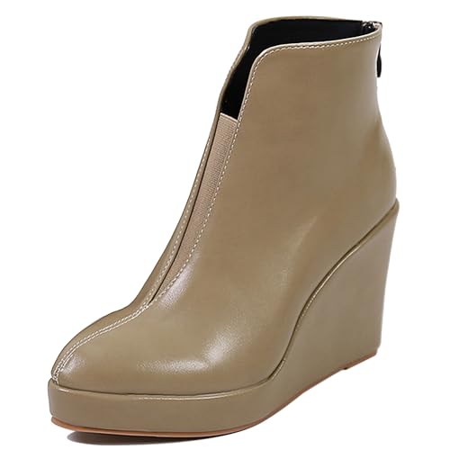 LarDorLin Damen Keilabsatz Winter Plateau Stiefeletten Zip Buro Höhe Ferse Warm Pointed Toe Elegant Stiefeletten Khaki Gr 36 EU von LarDorLin