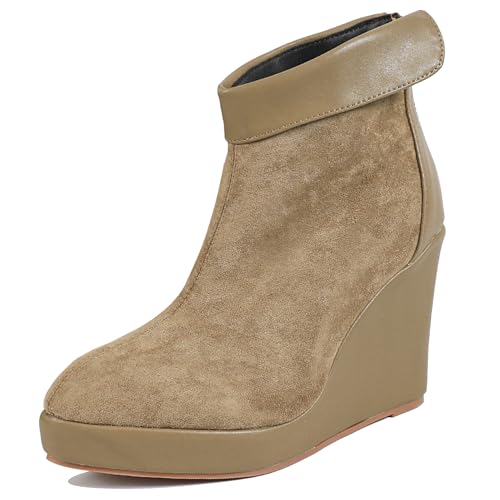 LarDorLin Damen Keilabsatz Winter Plateau Stiefeletten Zip Buro Höhe Ferse Warm Pointed Toe Elegant Stiefeletten Khaki Gr 40.5 EU (42 Cn) von LarDorLin