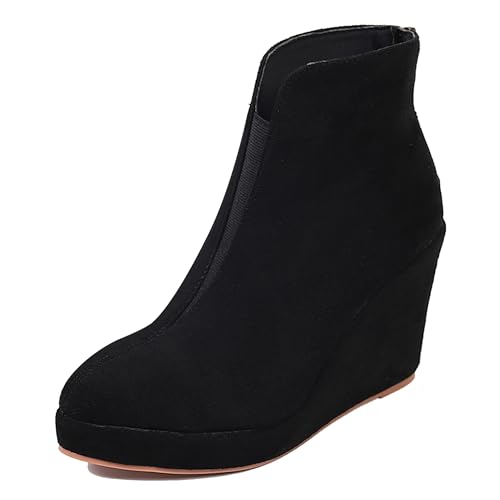LarDorLin Damen Keilabsatz Winter Plateau Stiefeletten Zip Buro Höhe Ferse Warm Pointed Toe Elegant Stiefeletten Schwarz Gr 39 EU (40 Cn) von LarDorLin