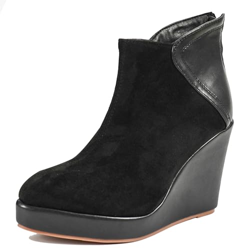 LarDorLin Damen Keilabsatz Winter Plateau Stiefeletten Zip Buro Höhe Ferse Warm Pointed Toe Elegant Stiefeletten Schwarz Gr 40.5 EU (42 Cn) von LarDorLin