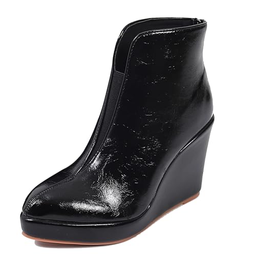 LarDorLin Damen Keilabsatz Winter Plateau Stiefeletten Zip Buro Höhe Ferse Warm Pointed Toe Elegant Stiefeletten Schwarz Gr 40.5 EU (42 Cn) von LarDorLin