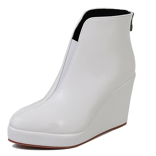 LarDorLin Damen Keilabsatz Winter Plateau Stiefeletten Zip Buro Höhe Ferse Warm Pointed Toe Elegant Stiefeletten Weiß Gr 35 EU von LarDorLin