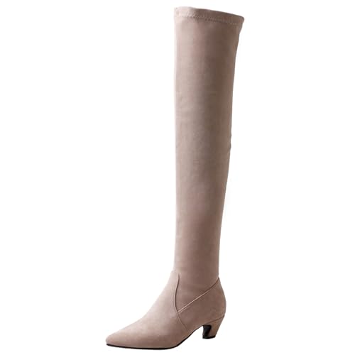 LarDorLin Damen Kitten Stiefel Overknees Stretch Stiefel Wildleder Winter Party Warm Pointed Toe Mode Long Booty Komfort Beige Gr 40.5 EU (42 Cn) von LarDorLin