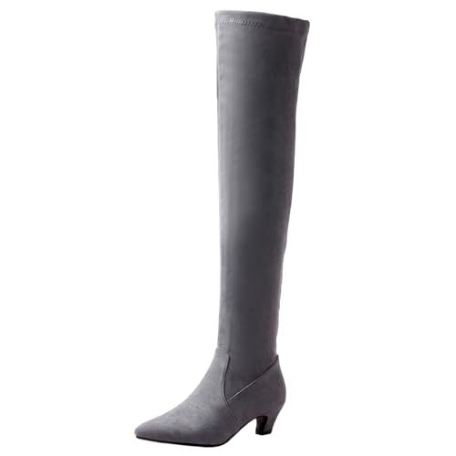LarDorLin Damen Kitten Stiefel Overknees Stretch Stiefel Wildleder Winter Party Warm Pointed Toe Mode Long Booty Komfort Grau Gr 32 EU von LarDorLin