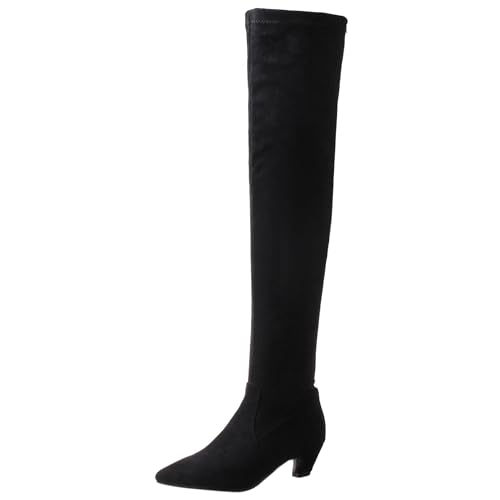 LarDorLin Damen Kitten Stiefel Overknees Stretch Stiefel Wildleder Winter Party Warm Pointed Toe Mode Long Booty Komfort Schwarz Gr 42 EU (44 Cn) von LarDorLin