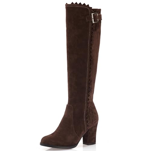 LarDorLin Damen Klassische Blockabsatz Knee High Equestrian Reitstiefel Komfort Runde Zehen Winter Warm Wildleder Booty Schnalle Braun Gr 50 EU (52 Cn) von LarDorLin