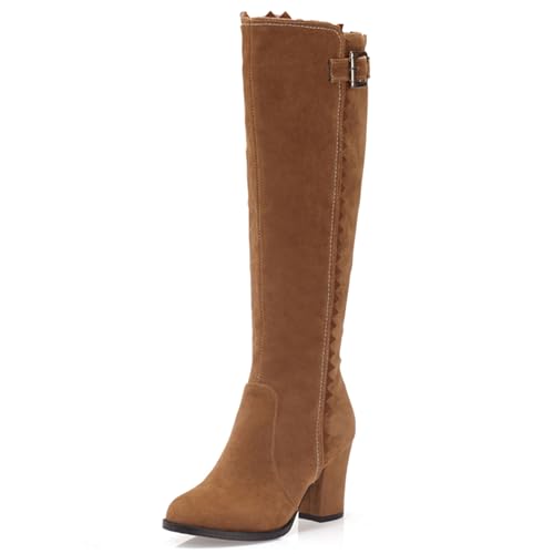 LarDorLin Damen Klassische Blockabsatz Knee High Equestrian Reitstiefel Komfort Runde Zehen Winter Warm Wildleder Booty Schnalle Gelb Gr 40.5 EU (42 Cn) von LarDorLin