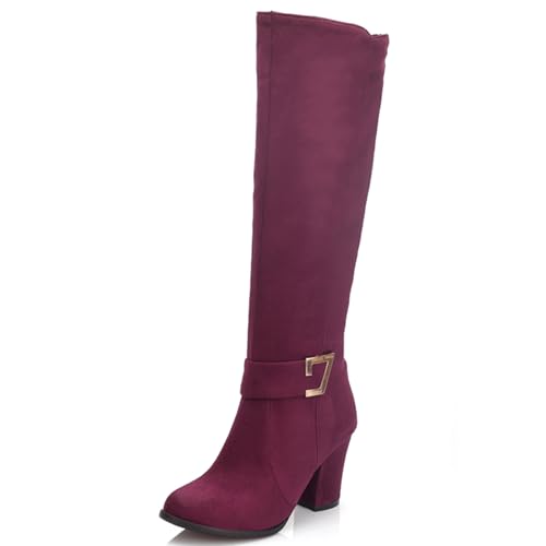 LarDorLin Damen Klassische Blockabsatz Knee High Equestrian Reitstiefel Komfort Runde Zehen Winter Warm Wildleder Booty Schnalle Rotwein Gr 40.5 EU (42 Cn) von LarDorLin