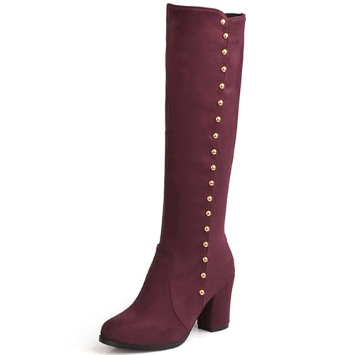 LarDorLin Damen Klassische Blockabsatz Knee High Equestrian Reitstiefel Komfort Runde Zehen Winter Warm Wildleder Booty Schnalle Rotwein Gr 47 EU (49 Cn) von LarDorLin