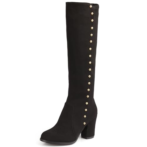 LarDorLin Damen Klassische Blockabsatz Knee High Equestrian Reitstiefel Komfort Runde Zehen Winter Warm Wildleder Booty Schnalle Schwarz Gr 40 EU (41 Cn) von LarDorLin
