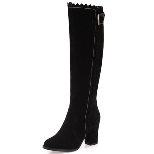 LarDorLin Damen Klassische Blockabsatz Knee High Equestrian Reitstiefel Komfort Runde Zehen Winter Warm Wildleder Booty Schnalle Schwarz Gr 42 EU (44 Cn) von LarDorLin