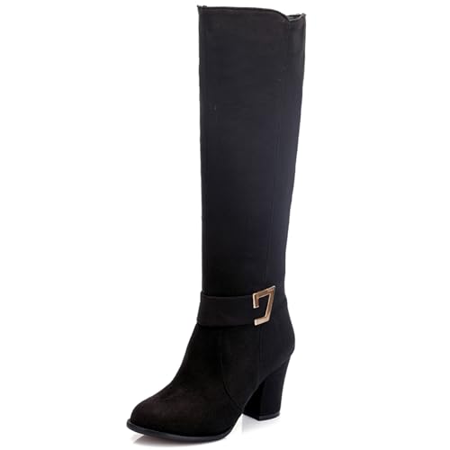 LarDorLin Damen Klassische Blockabsatz Knee High Equestrian Reitstiefel Komfort Runde Zehen Winter Warm Wildleder Booty Schnalle Schwarz Gr 51 EU (53 Cn) von LarDorLin