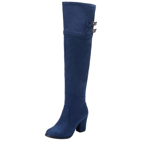 LarDorLin Damen Klassische Chunky Heel Overknees Equestrian Warm Stiefel Runde Zehen Winter Mode Schnalle Long Riding Booty Blau Gr 35 EU von LarDorLin