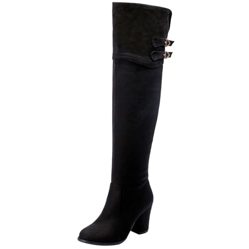 LarDorLin Damen Klassische Chunky Heel Overknees Equestrian Warm Stiefel Runde Zehen Winter Mode Schnalle Long Riding Booty Schwarz Gr 48 EU (50 Cn) von LarDorLin