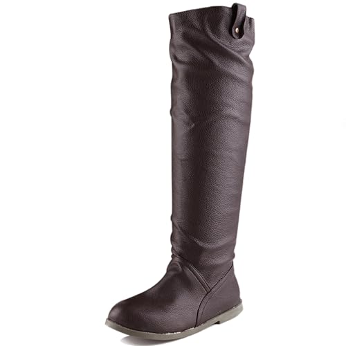 LarDorLin Damen Komfort Knee High Flach Schuhe Stiefel Damen Runde Zehen Winter Warm Ohne Verschluss Klassische Equestrian Riding Booty Bogen Braun Gr 41 EU (43 Cn) von LarDorLin