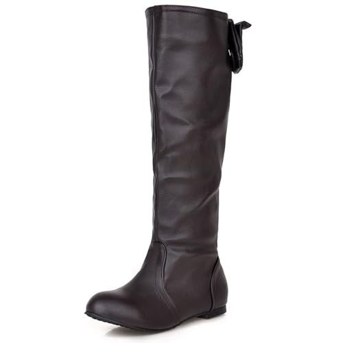 LarDorLin Damen Komfort Knee High Flach Schuhe Stiefel Damen Runde Zehen Winter Warm Ohne Verschluss Klassische Equestrian Riding Booty Bogen Braun Gr 51 EU (53 Cn) von LarDorLin