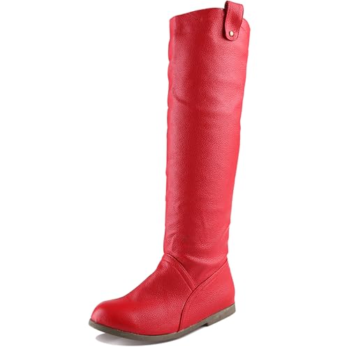 LarDorLin Damen Komfort Knee High Flach Schuhe Stiefel Damen Runde Zehen Winter Warm Ohne Verschluss Klassische Equestrian Riding Booty Bogen Rot Gr 46 EU (48 Cn) von LarDorLin