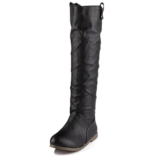 LarDorLin Damen Komfort Knee High Flach Schuhe Stiefel Damen Runde Zehen Winter Warm Ohne Verschluss Klassische Equestrian Riding Booty Bogen Schwarz Gr 51 EU (53 Cn) von LarDorLin