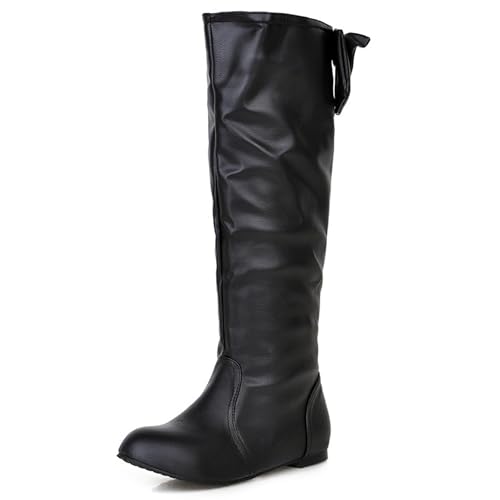 LarDorLin Damen Komfort Knee High Flach Schuhe Stiefel Damen Runde Zehen Winter Warm Ohne Verschluss Klassische Equestrian Riding Booty Bogen Schwarz Gr 52 EU (54 Cn) von LarDorLin